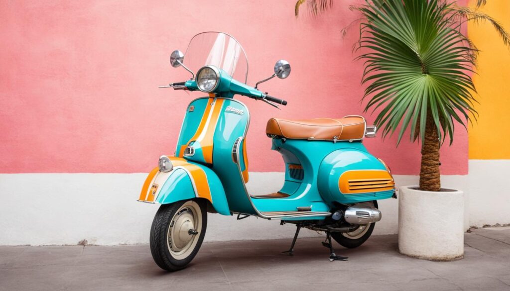 A vintage Vespa scooter parked in front of a colorful wall with a palm tree in the background.