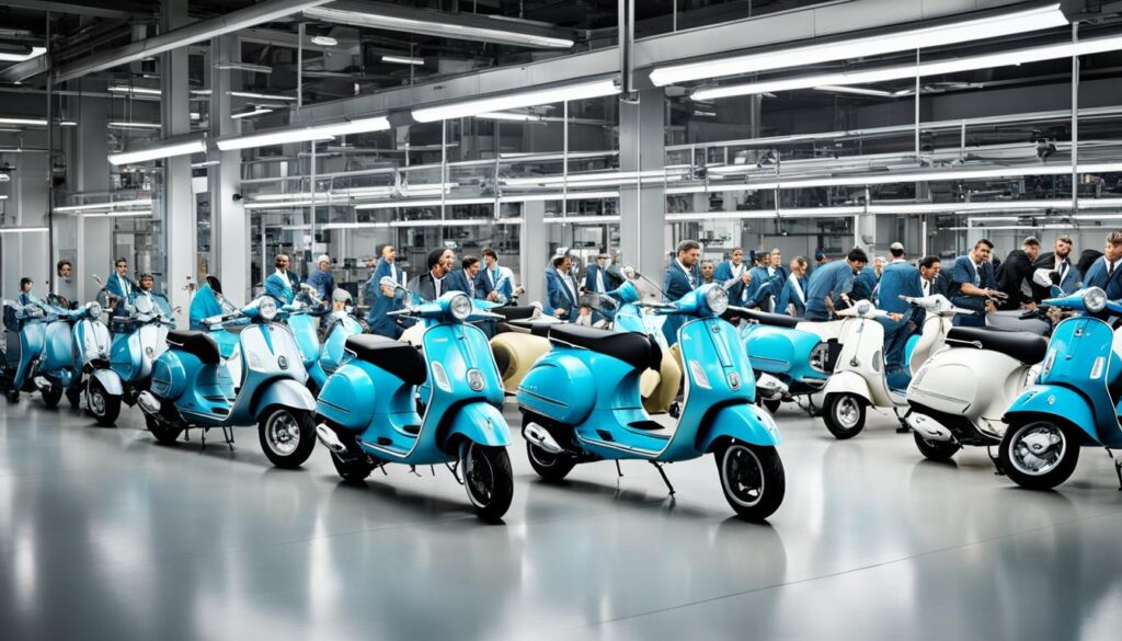 industrial vibe of the Piaggio factory in Pontedera, Italy. Show the assembly line and workers in motion, but keep the focus on the sleek and modern Vespa scooters being produced. Highlight the iconic design elements that make Vespa stand out, such as the rounded front fender and the slim profile of the body. Use a muted color palette to convey the grit and hard work of the factory, while still showcasing the beauty and elegance of the Vespa.