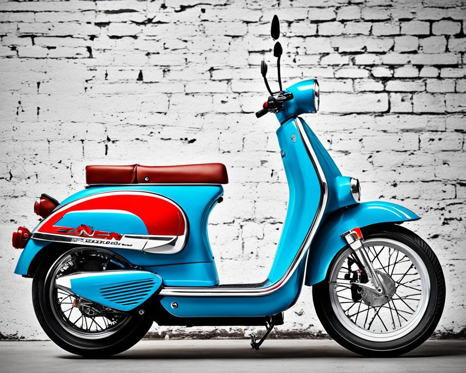 Znen Scooters' evolution, from its founding to the present day. Incorporate iconic models of each era, such as the Znen Classic and the Znen City. Use bold and vibrant colors to highlight each era's unique style. Add a subtle texture or pattern that connects all the elements together and gives a vintage feel to the image.