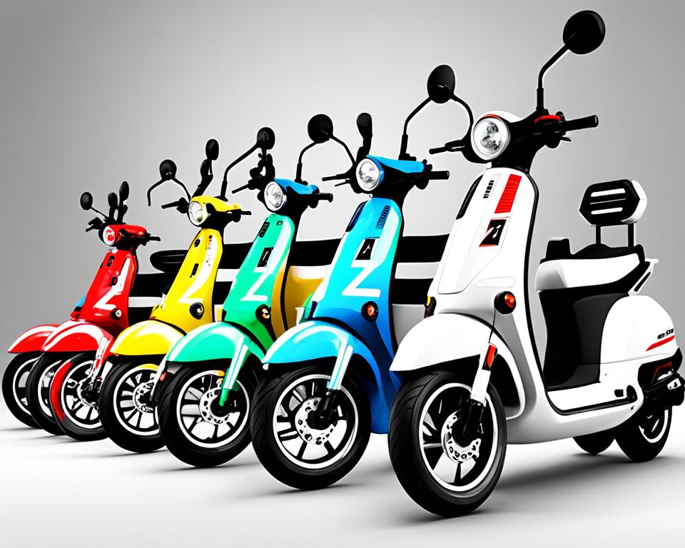 showcasing the evolution of Znen scooters throughout history, starting with their earliest models and progressing to their top models of today. Use a background that transitions from black and white to vibrant colors to symbolize this evolution. Include key design elements that differentiate each model from its predecessors, such as changes in body shape, wheel size, and headlight style. Show the scooters from multiple angles to highlight their unique features and capture the viewer's attention. Use a dynamic, angled composition to add energy and movement to the image, highlighting the scooters' speed and agility.